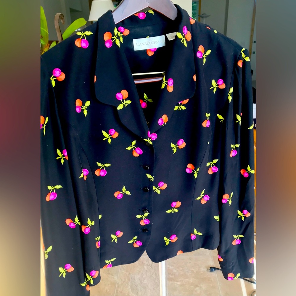 Dana Buchman “Cherries” Fushia (Hot Pink), Orange and Black Blouse
